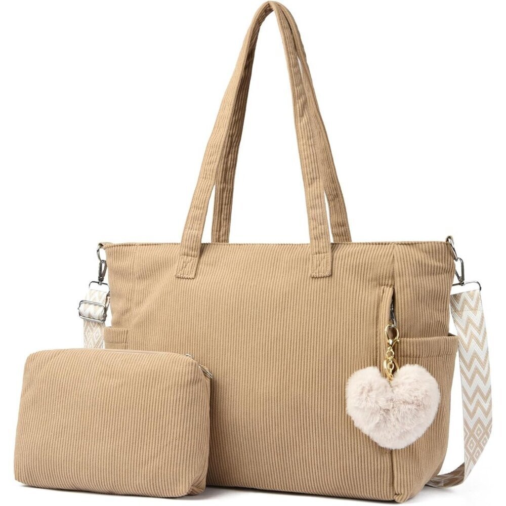 Women Khaki Corduroy With Polyester Fiber Lining Shoulder Handbag with Pouch